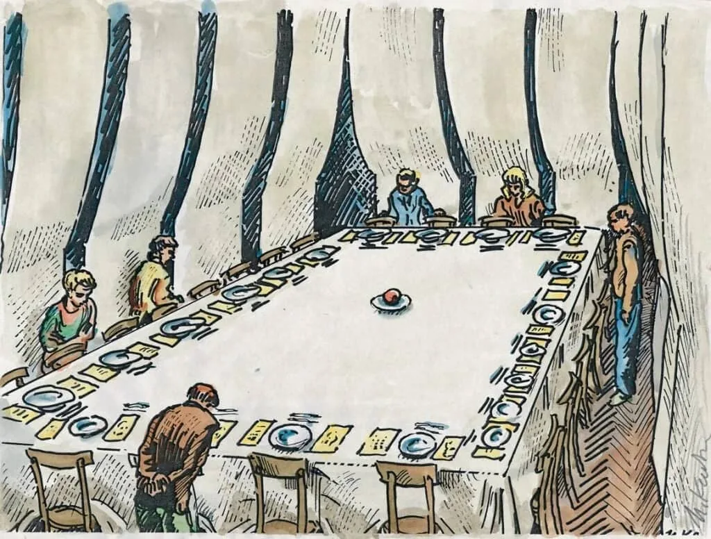 Ilya and Emilia Kabakov's long table with twenty seats and a single apple at the centre