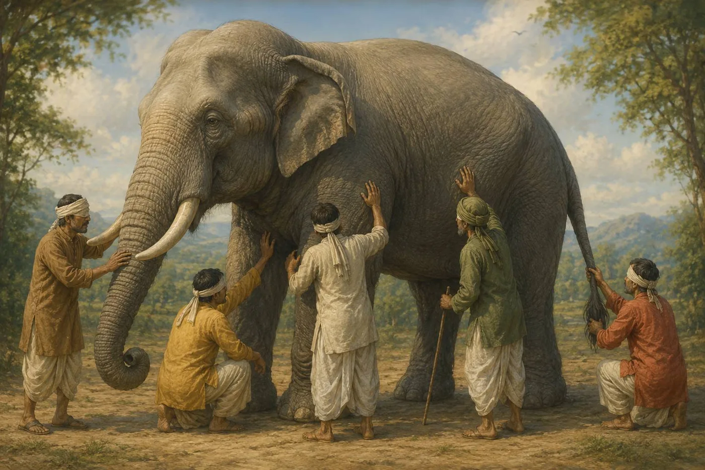 Classic illustration of blind men touching different parts of an elephant