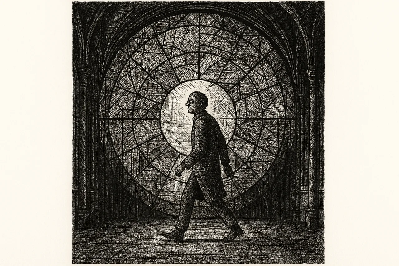 A solitary figure walking through a cathedral arch beneath a vast circular stained-glass window of overlapping coloured panels, rendered as a black-ink engraving