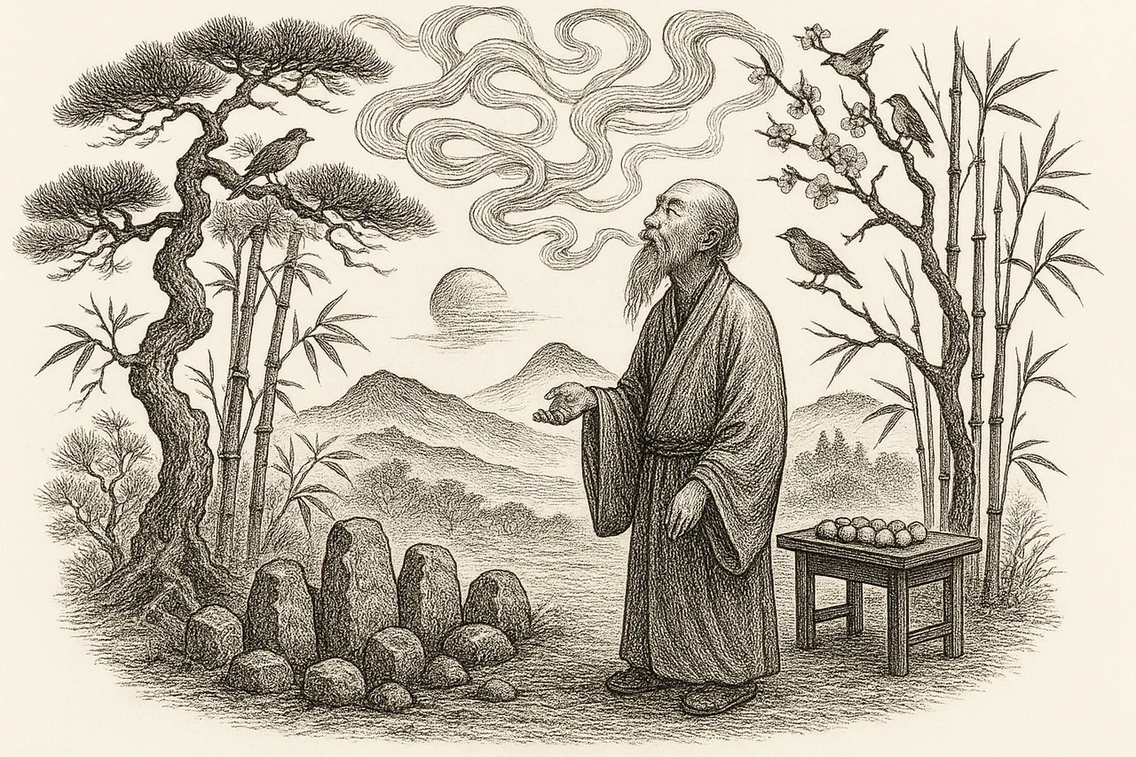 An elder figure standing in a small grove of trees with songbirds and stones, the words rising from his mouth as drifting incense-smoke, a row of small cookies on a low wooden table, rendered as a black-ink engraving