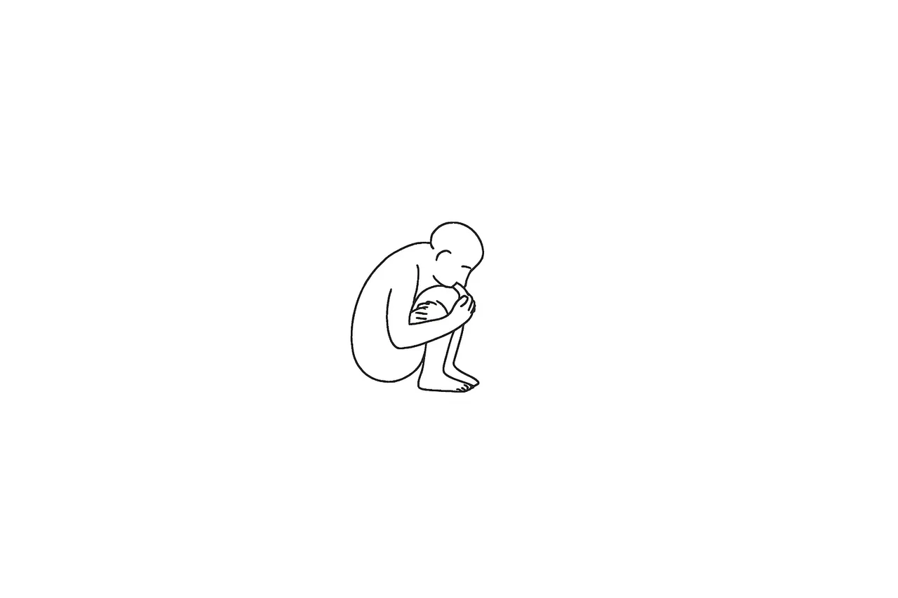 A solitary figure crouched on the ground clutching a small bundle of grain to their chest, surrounded by a ring of many gaunt outstretched hands and shadowy figures pressing in from all sides, rendered as a black-ink engraving