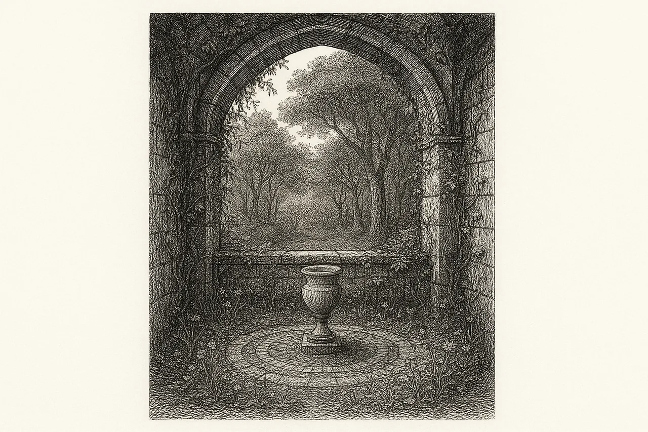 A small walled garden beneath a stone archway, vines climbing the walls, a stone urn at the centre, rendered as a black-ink engraving