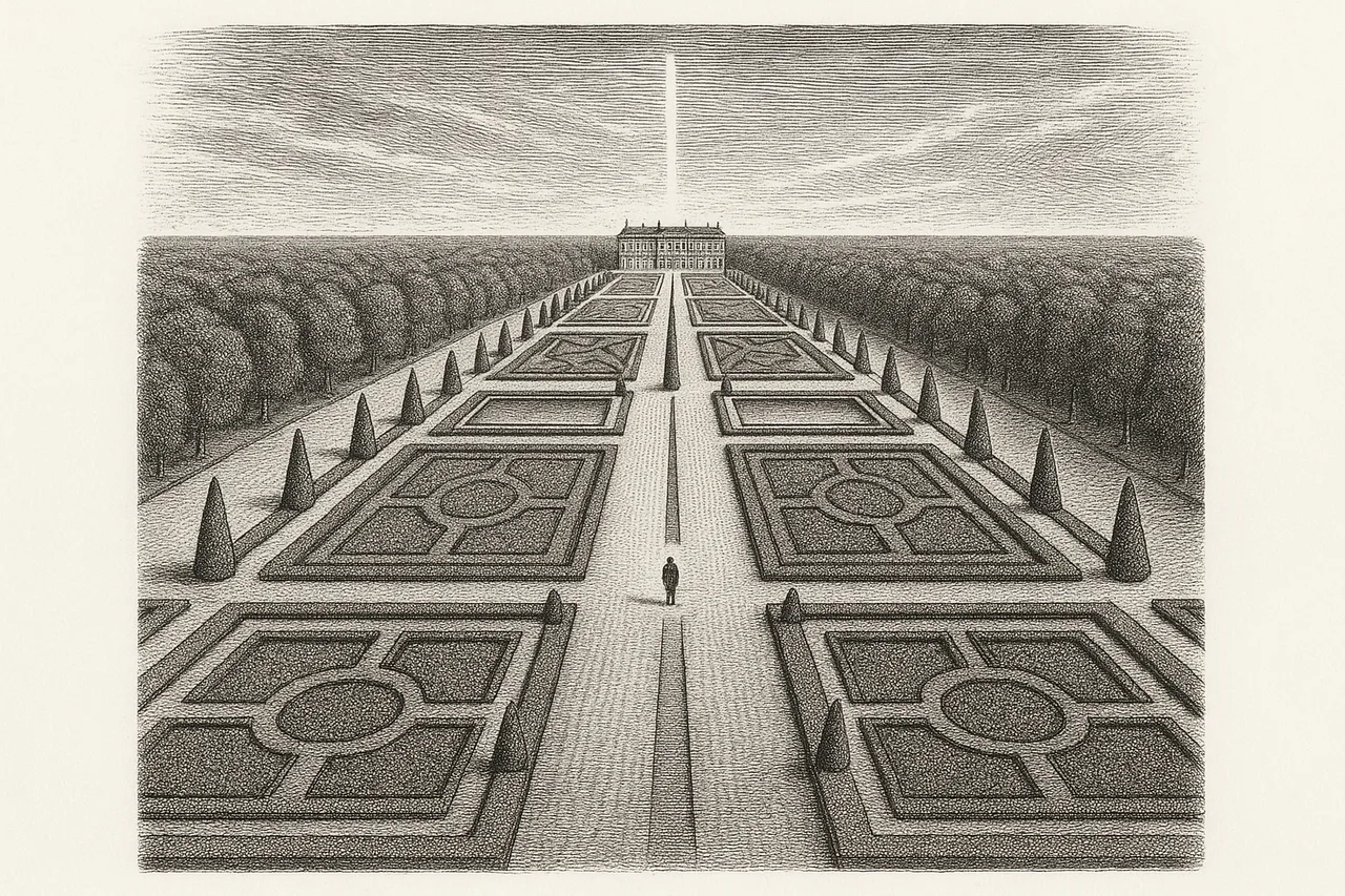 A vast geometric formal garden with parterres and axial paths radiating to the horizon, a single tiny figure at the centre, rendered as a black-ink engraving