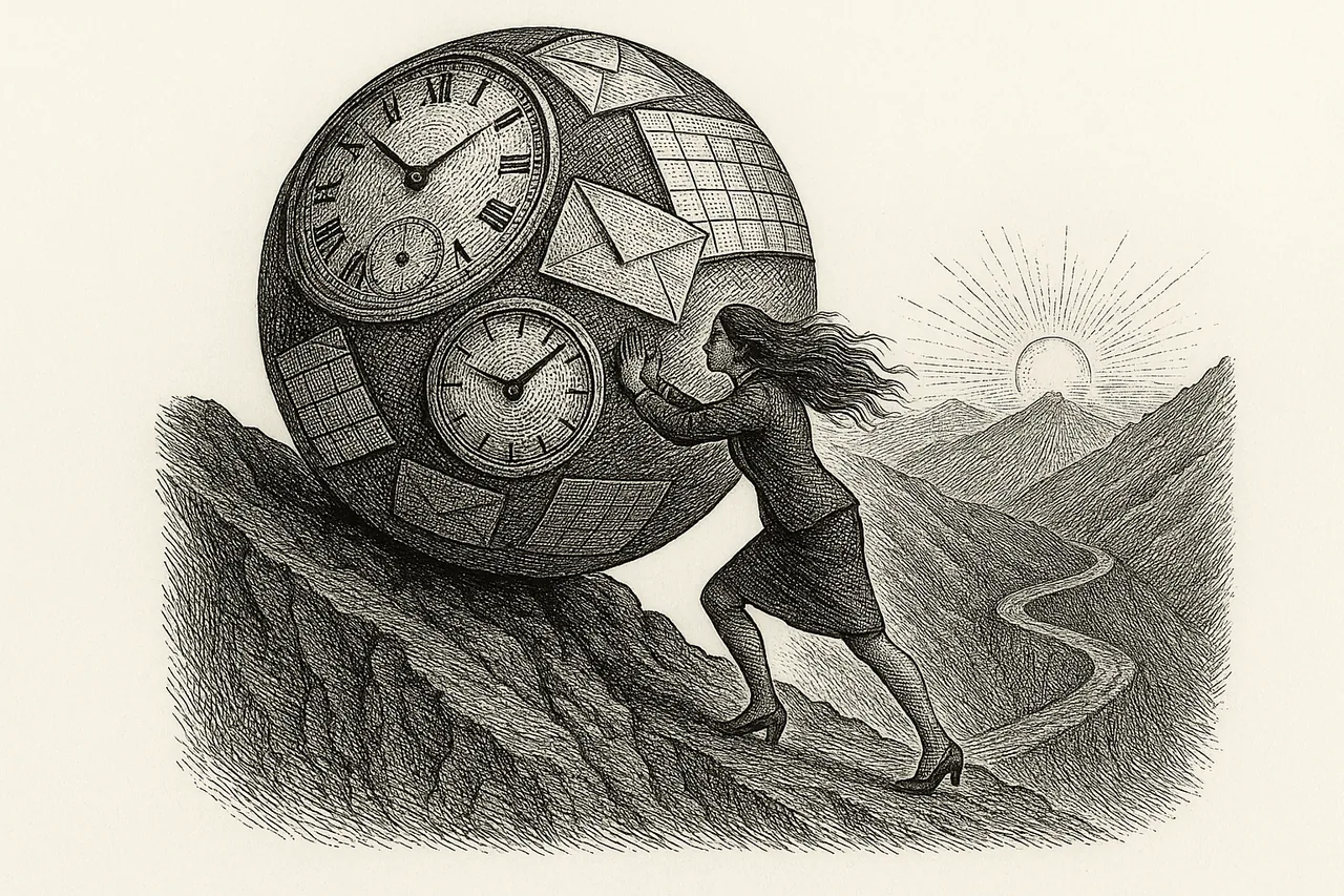 A solitary figure in business attire pushing a vast boulder up a mountain path at dawn, the boulder composed of clock faces, email envelopes, and calendar grids fused together, rendered as a black-ink engraving