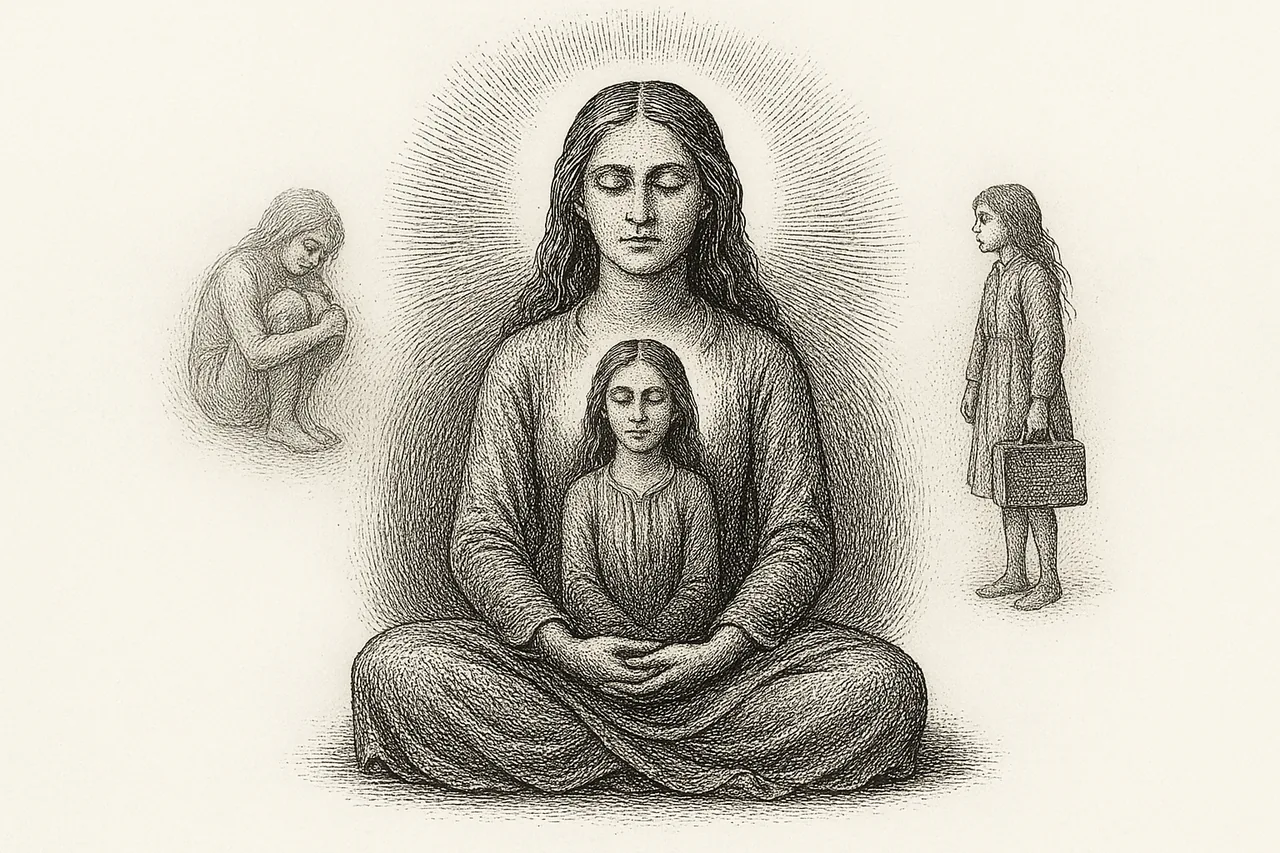 An adult figure seated in deep meditation with two smaller ghostly outlines of younger versions of themselves emerging nearby, one crouched and clutching herself, the other standing with a small suitcase, rendered as a black-ink engraving