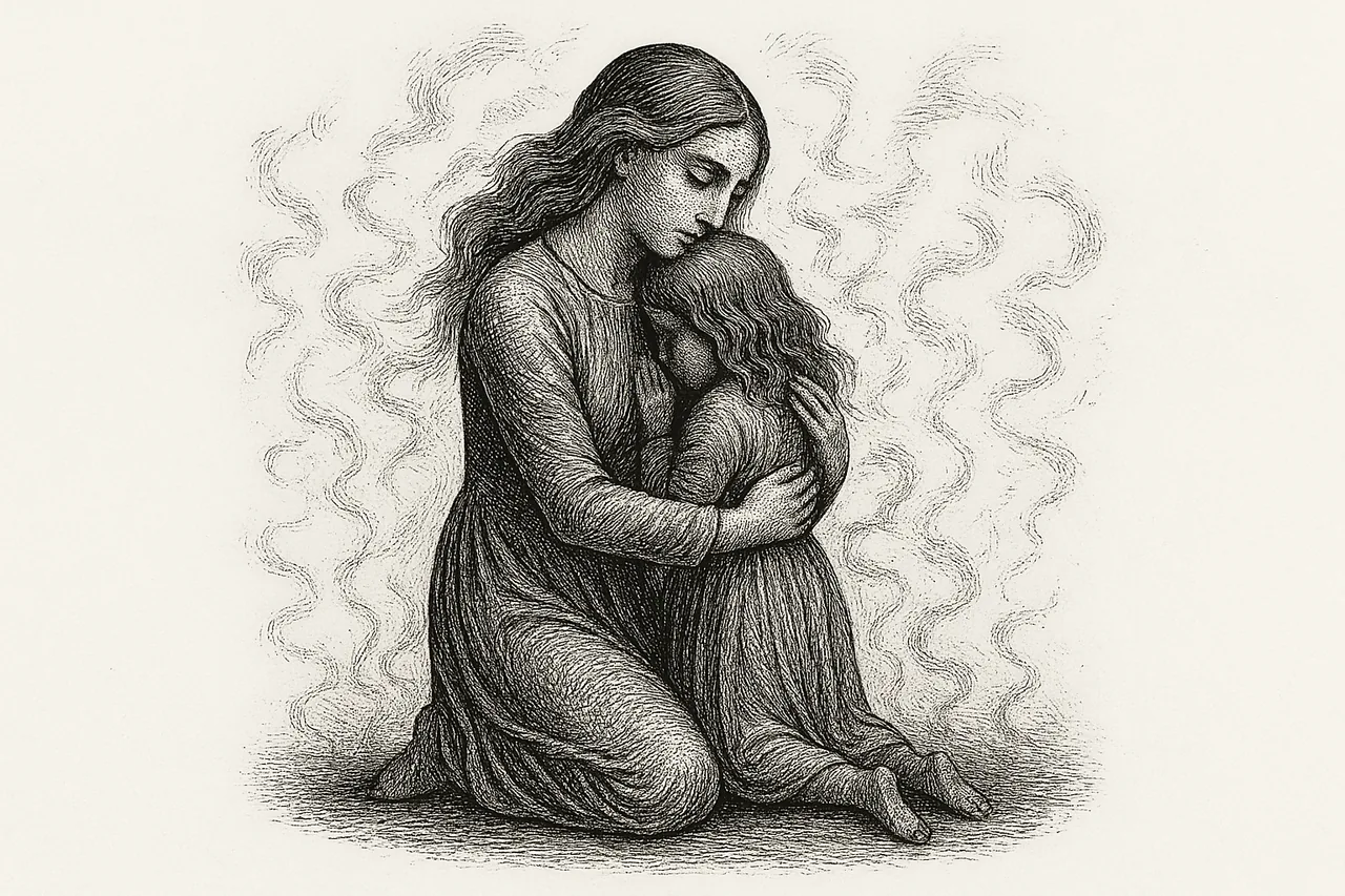 An adult figure kneeling and gently embracing a smaller younger version of themselves, surrounded by thin wisps of dissolving memory-fragments, rendered as a black-ink engraving