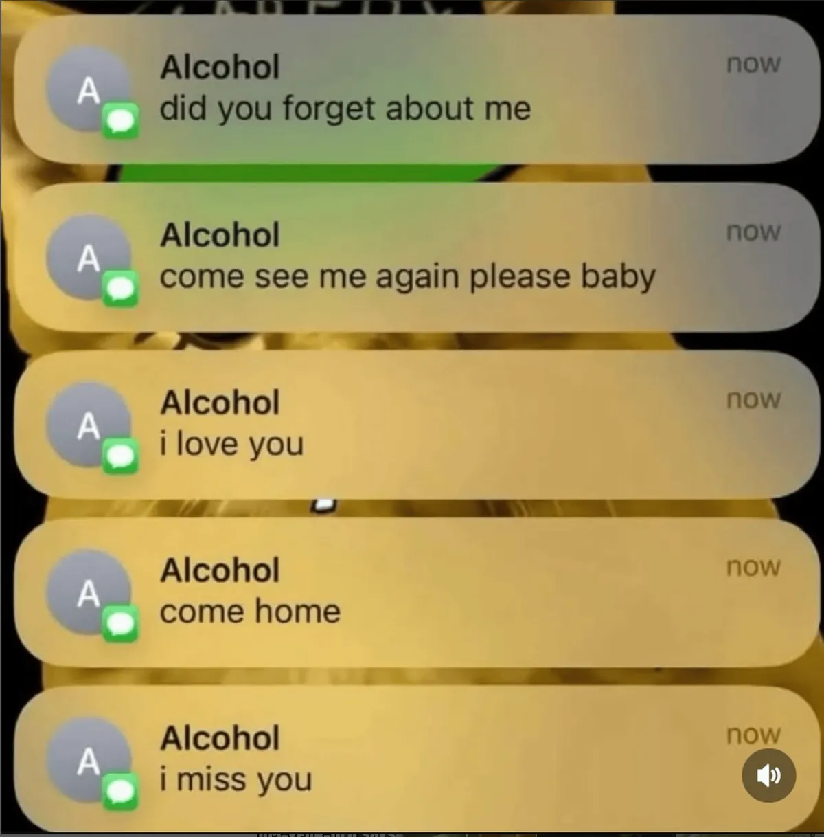 A series of phone notifications anthropomorphising alcohol: Alcohol: did you forget about me / come home / I miss you