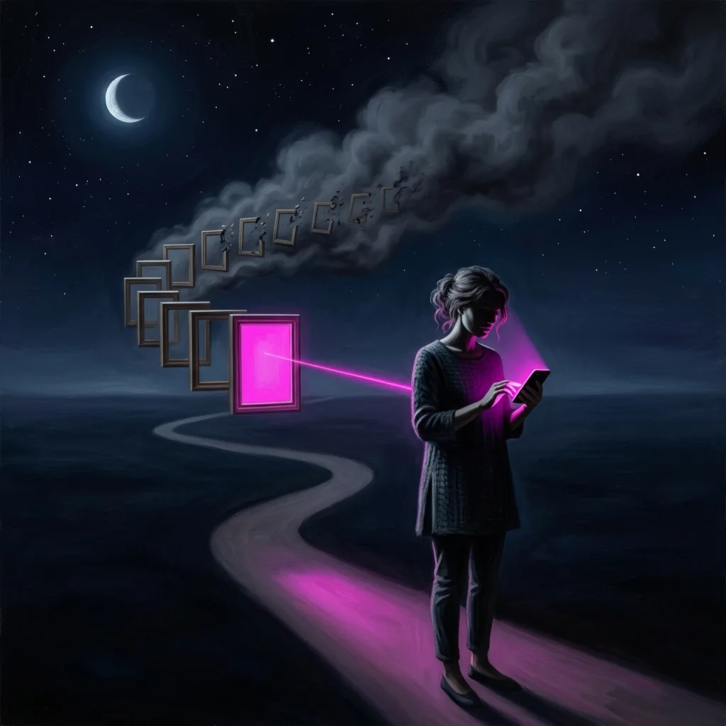 A woman lit by her glowing phone as a trail of framed memories dissolves into smoke behind her