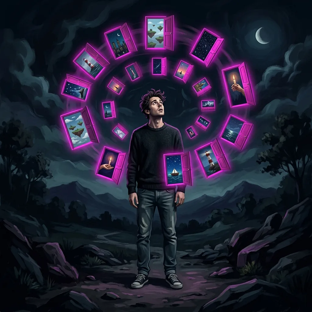 A man standing still as a swirl of doorways opens onto unrelated dream-scenes around his head