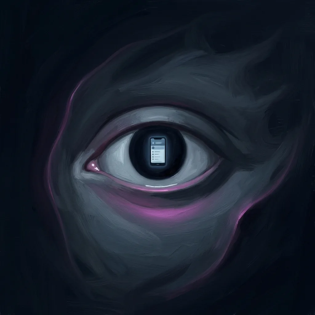 A single wide eye in the dark with a bright phone screen reflected in its pupil