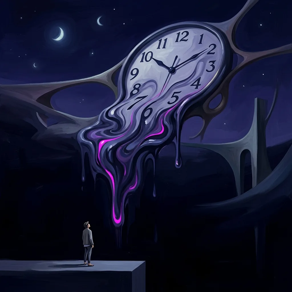 A melting clock pouring its hours into the darkness while a tiny figure looks up