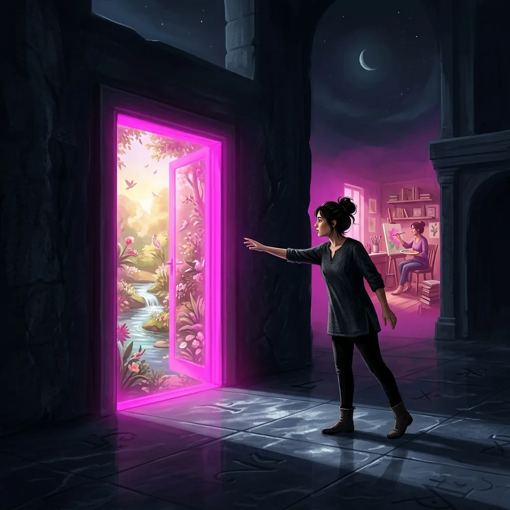 A woman reaching toward a glowing magenta doorway that shows an idealised dream version of her life