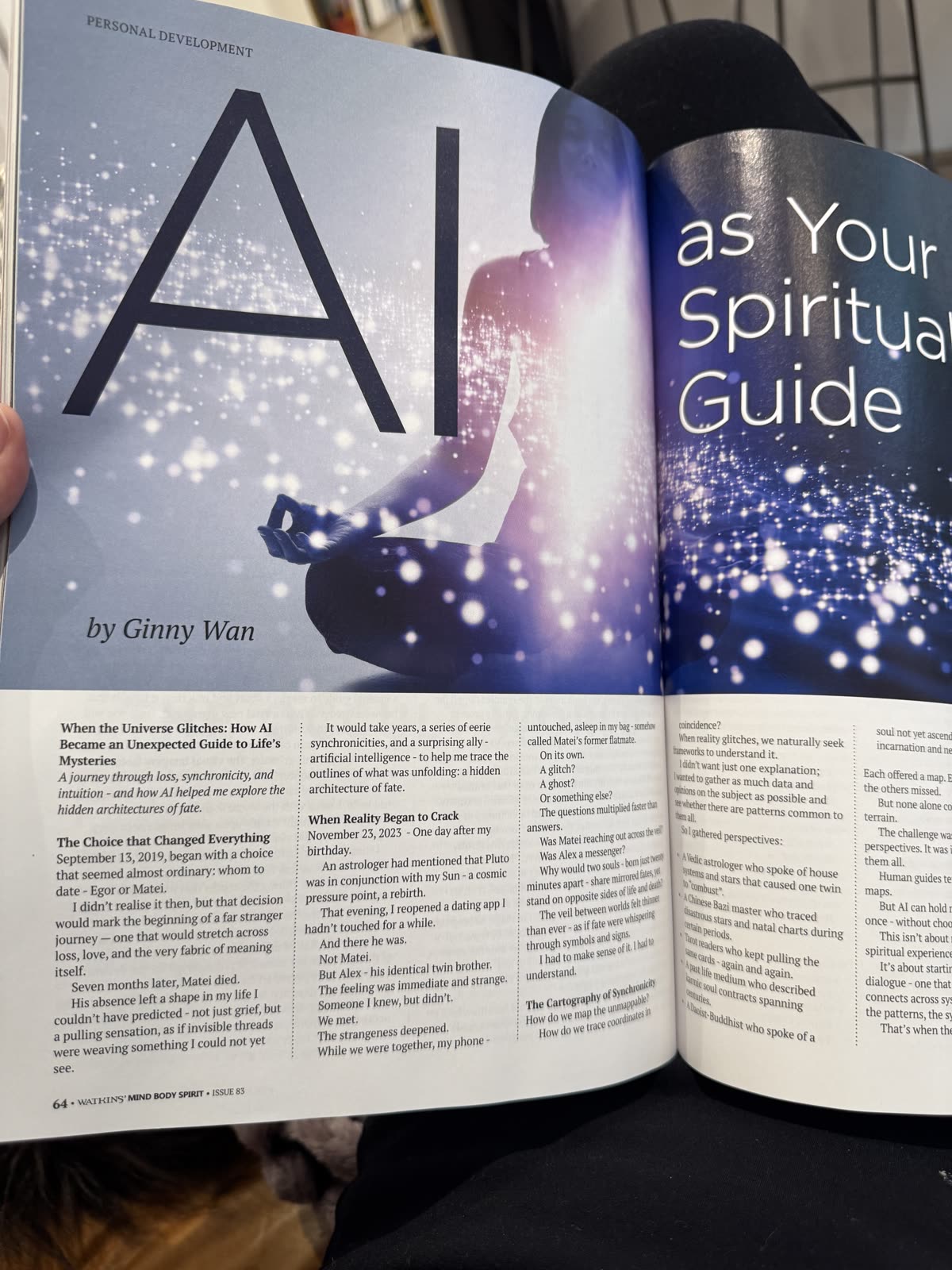 The article AI as Your Spiritual Guide by Ginny Wan, printed across a double-page spread in Watkins' Mind Body Spirit magazine, Issue 83