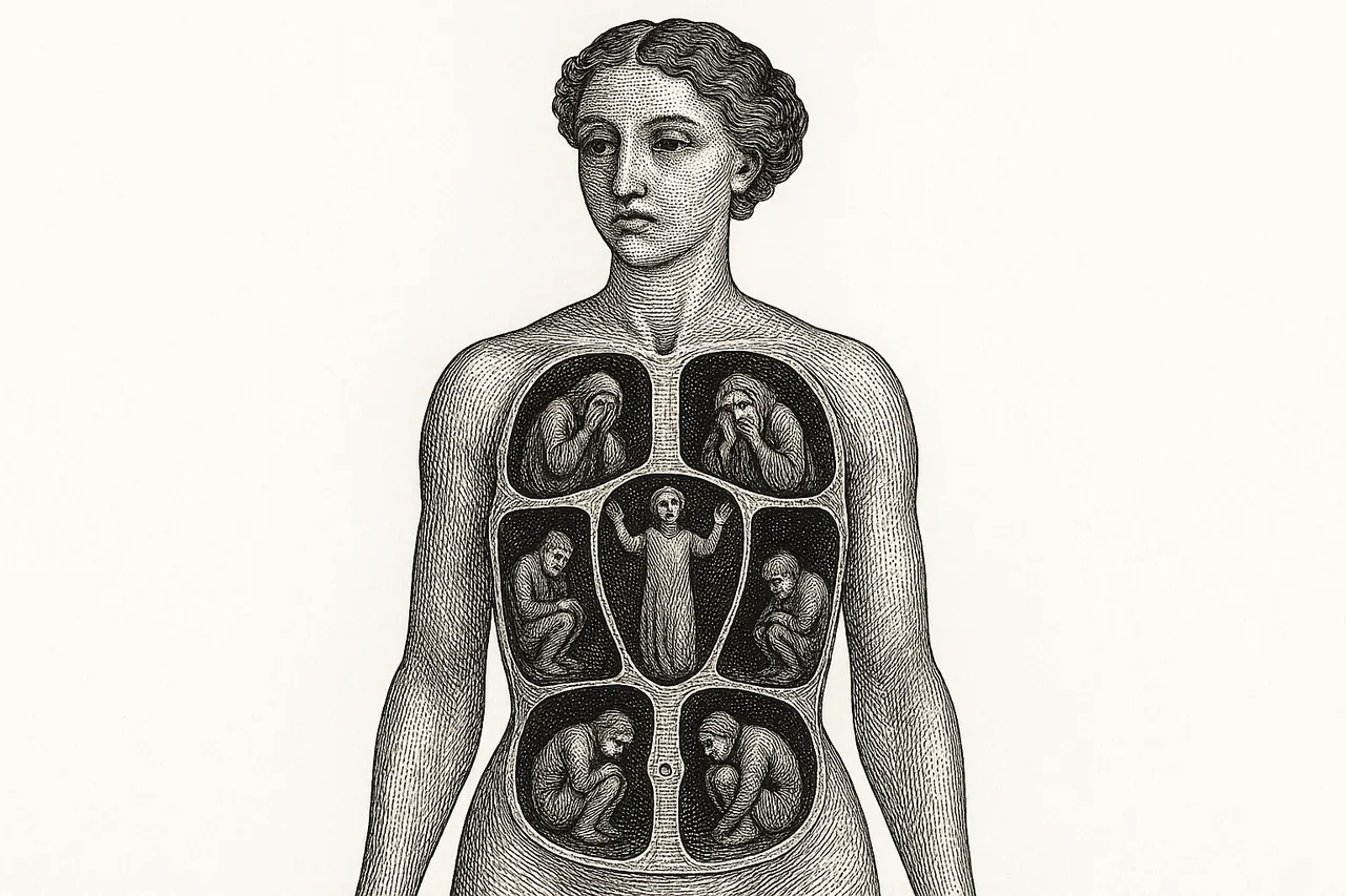 A surreal anatomical engraving of a woman with five chambered rooms inside her torso, each room containing a small figure embodying a Chinese-medicine emotion: anger in the liver, sadness and grief in the lungs, worry in the spleen, joy in the heart, fear in the kidneys
