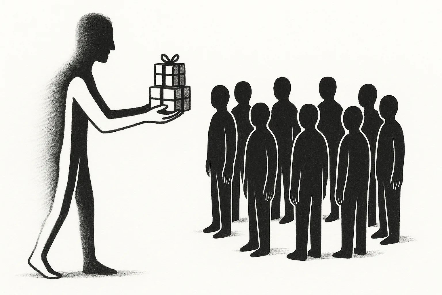 A tall hollow figure offering a wrapped gift to a row of faceless silhouettes