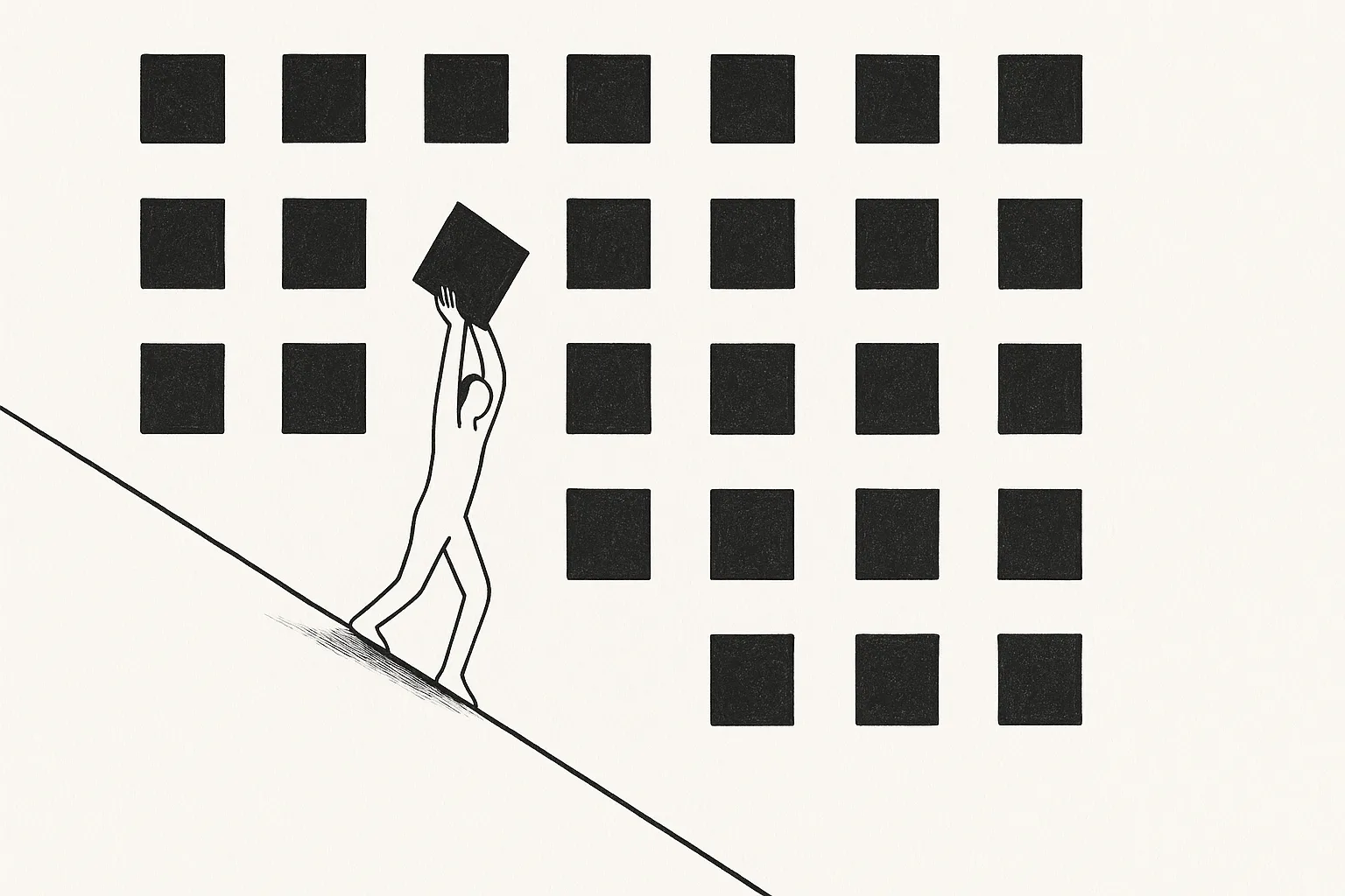 A figure on a tightrope holding a near-perfect block, identical blocks floating in formation behind