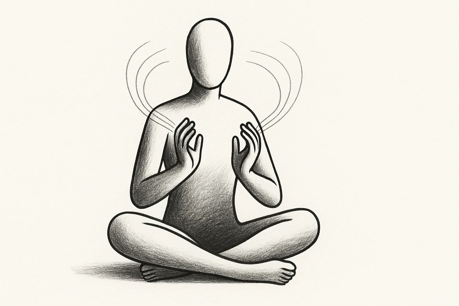 A figure cross-legged with hands turned inward, faint lines emanating back toward themselves