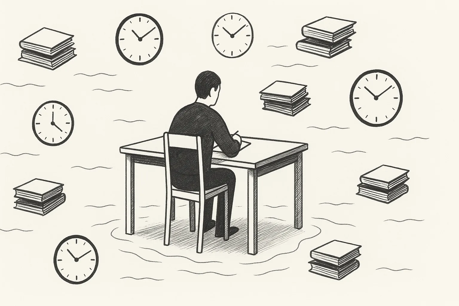 A figure at a desk surrounded by floating clocks and unread books, the visual logic of procrastination