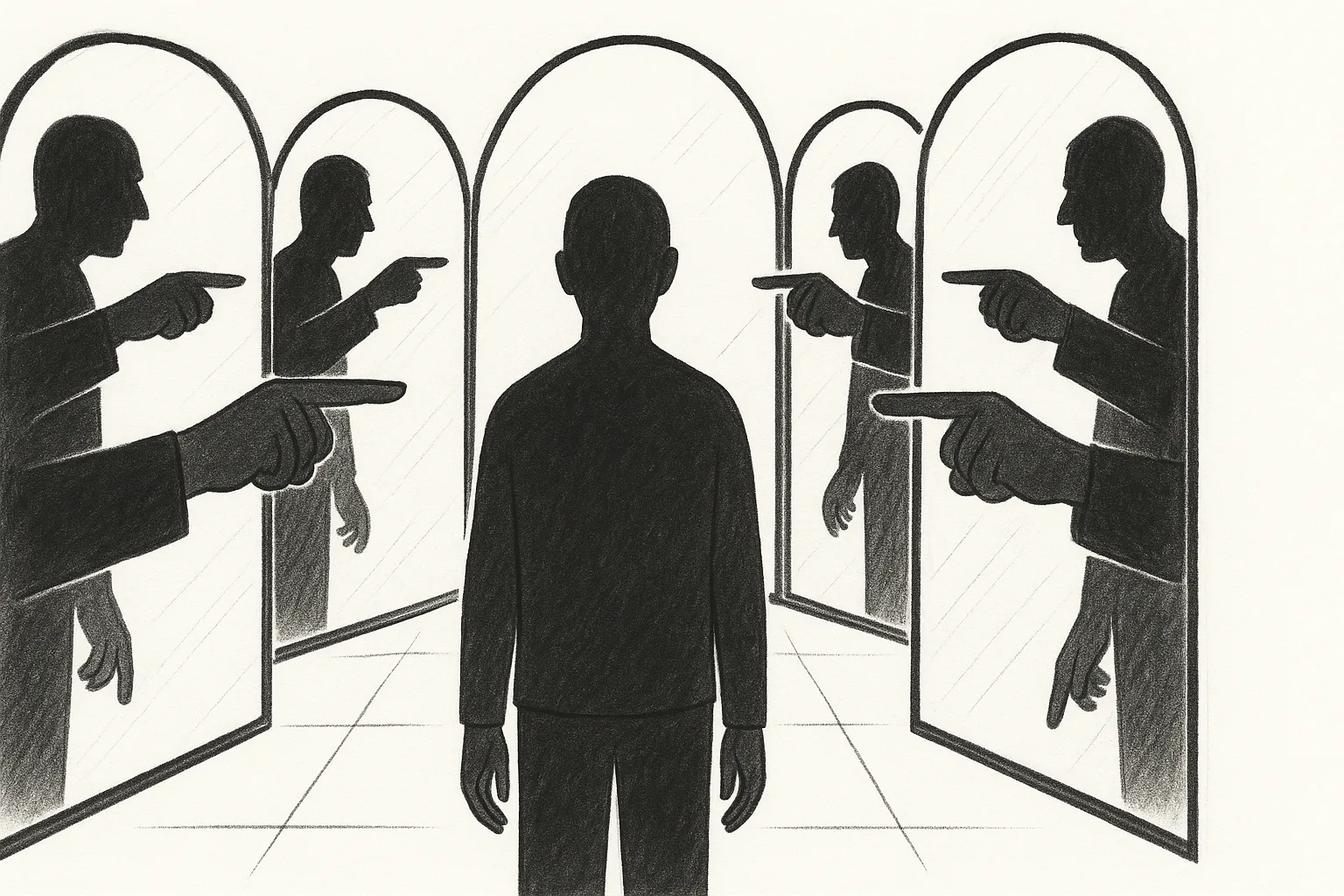 A figure standing inside a hall of mirrors, each reflection pointing an accusing finger