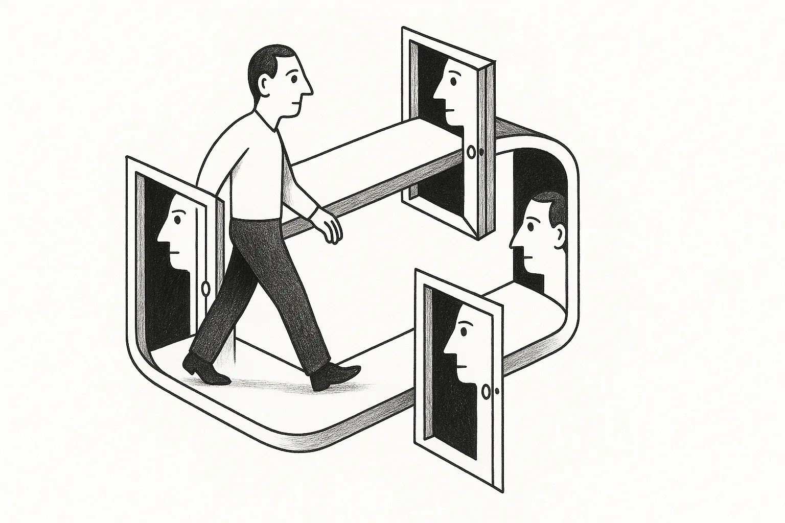A figure walking through an impossible Escher-like loop, the same door and face repeating