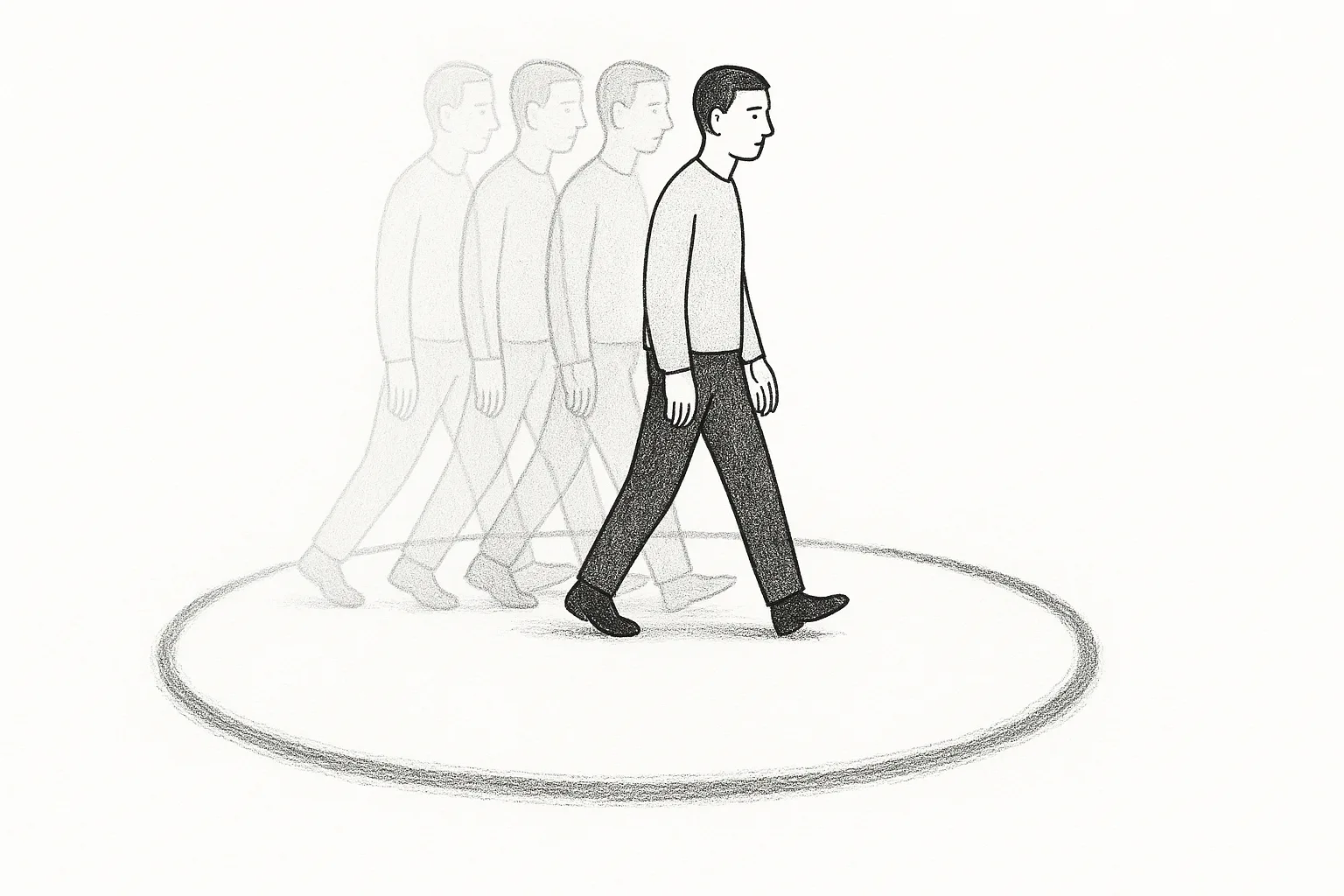 A figure walking a worn circular path, ghosted copies of itself spaced around the loop, the automatic and trance-like nature of habit