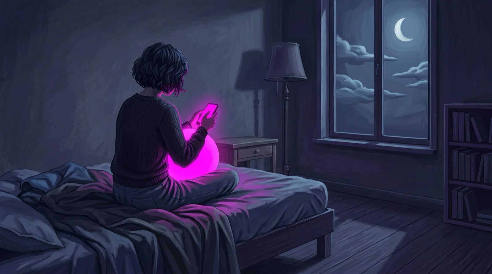 A woman sitting on a bed at night, her hands merged into the glow of her phone