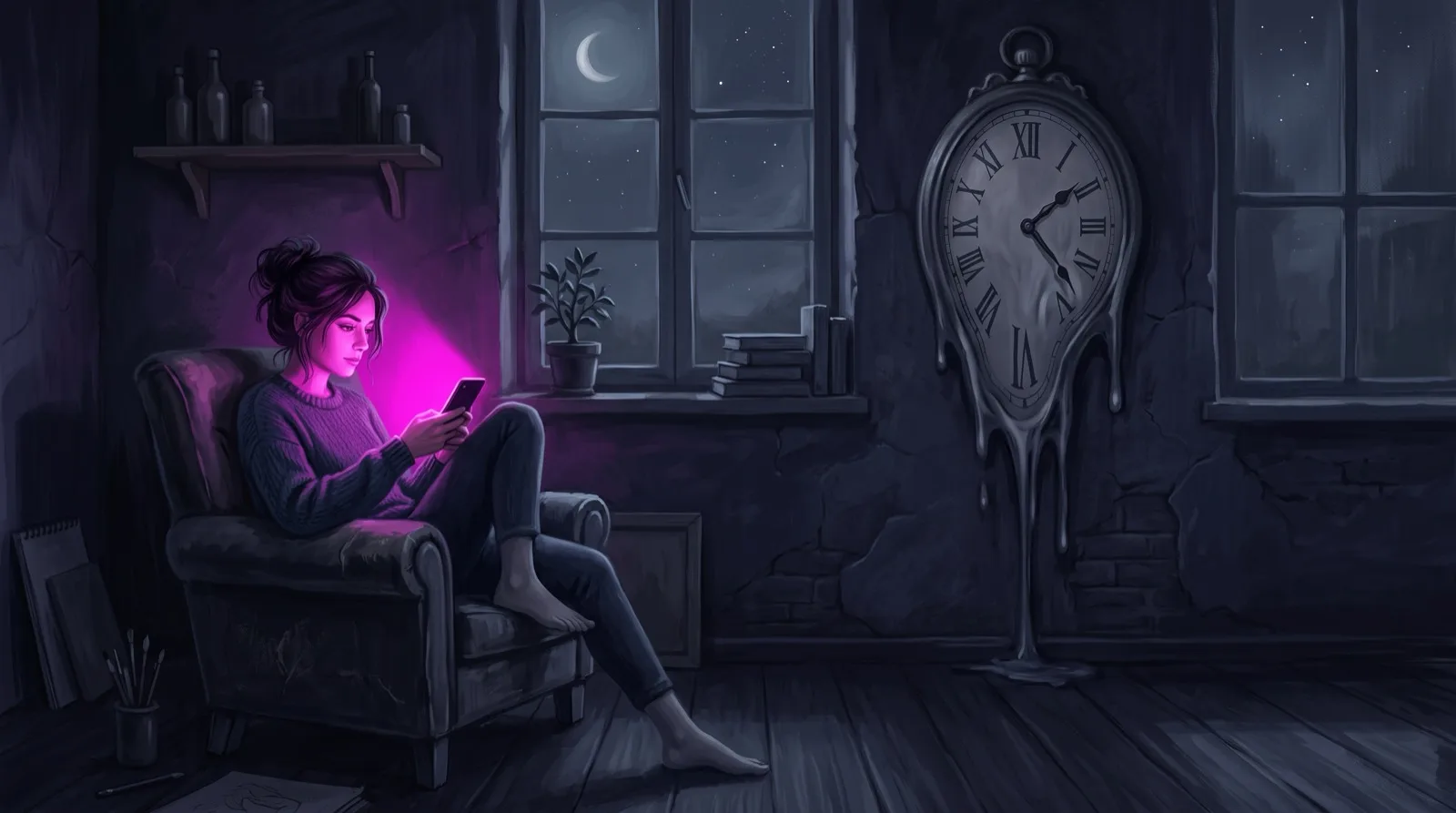 A woman absorbed in the glow of her phone while a clock melts down the wall behind her