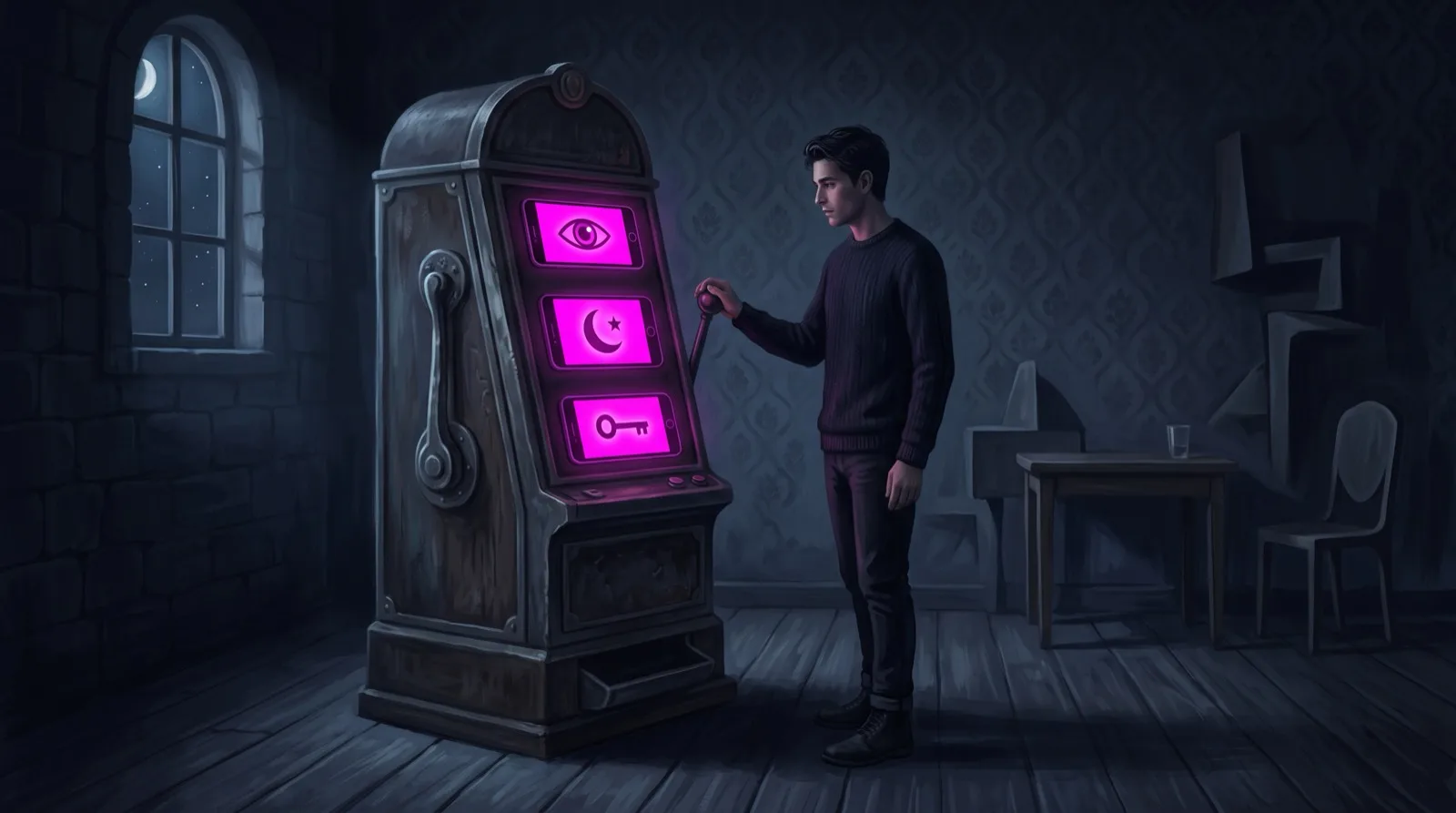 A man pulling the lever of an old slot machine whose three reels are glowing phone screens