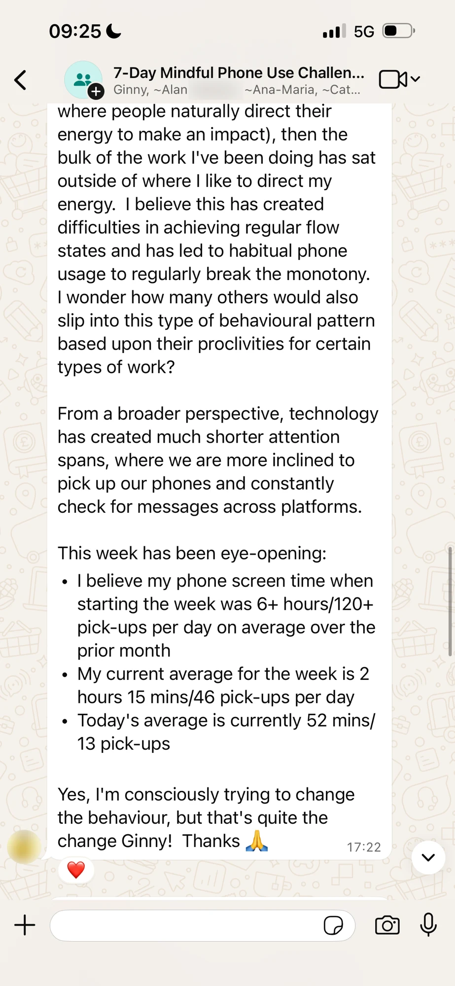 WhatsApp message from the challenge group: phone screen time down from 6+ hours and 120+ pick-ups a day to 52 minutes and 13 pick-ups