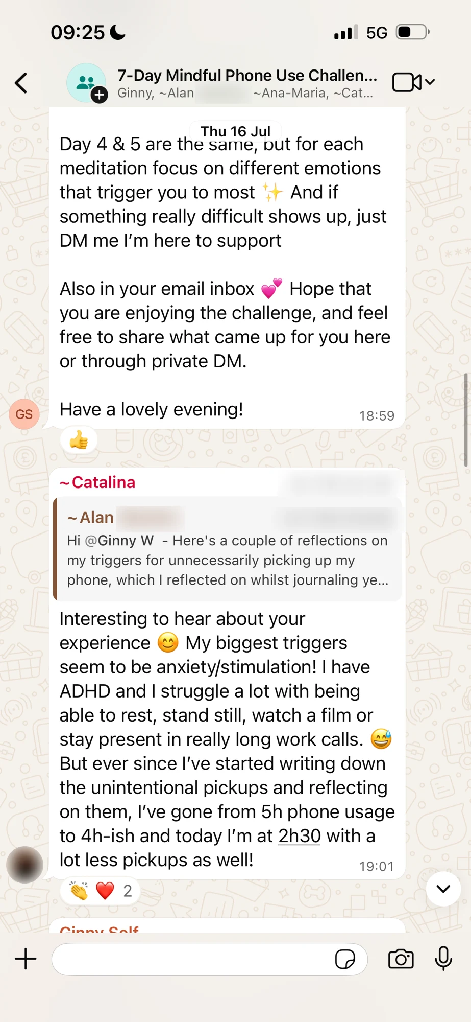 WhatsApp message from the challenge group: phone usage down from 5 hours to 2 and a half, with a lot fewer pick-ups