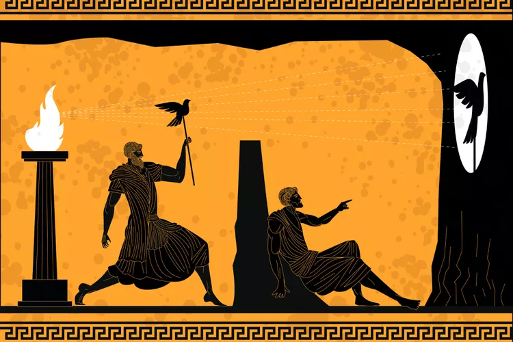 Plato's Cave, figures chained before the fire, watching shadows on the wall