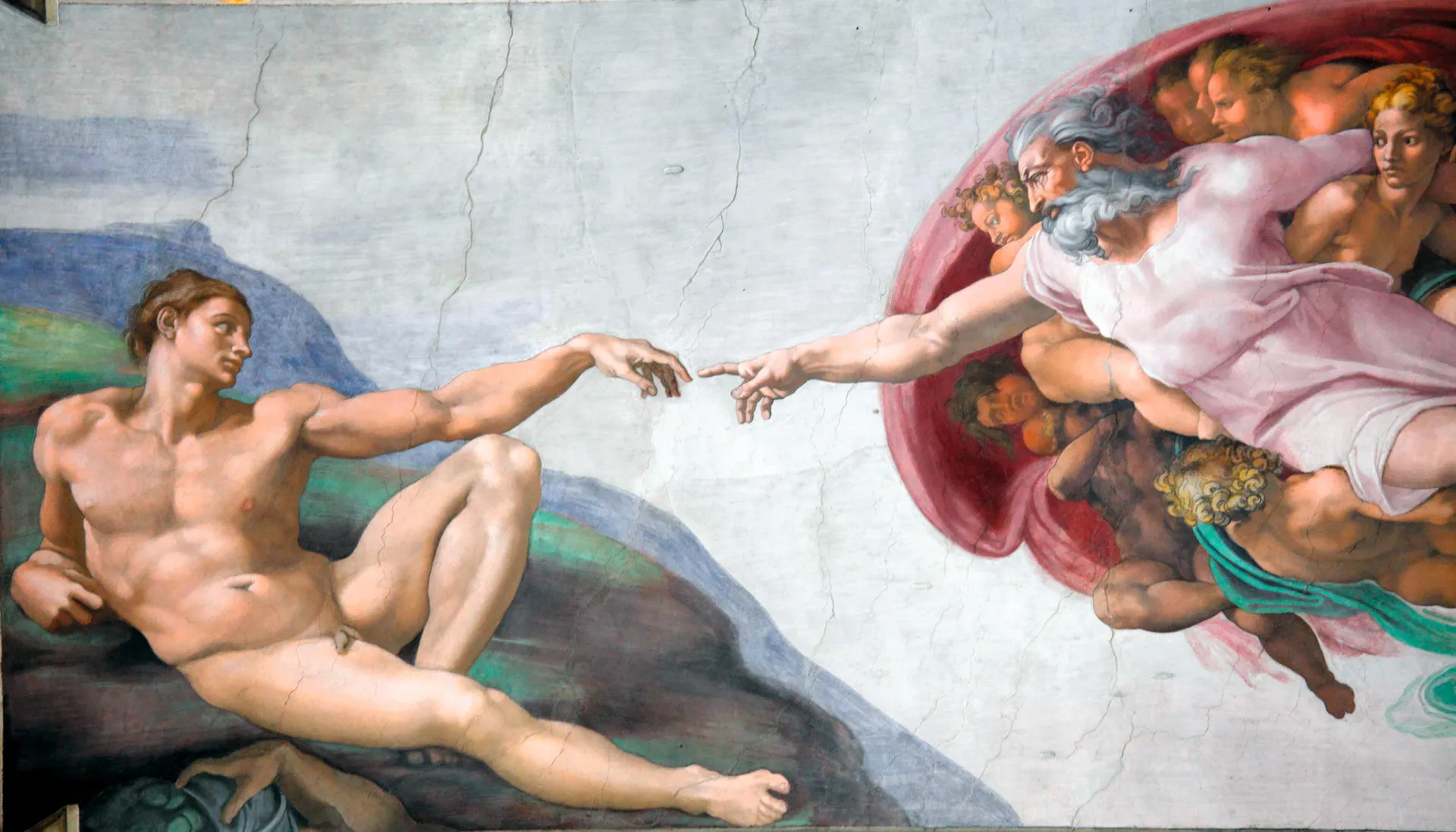 Michelangelo's Creation of Adam, the spark passing between two reaching hands