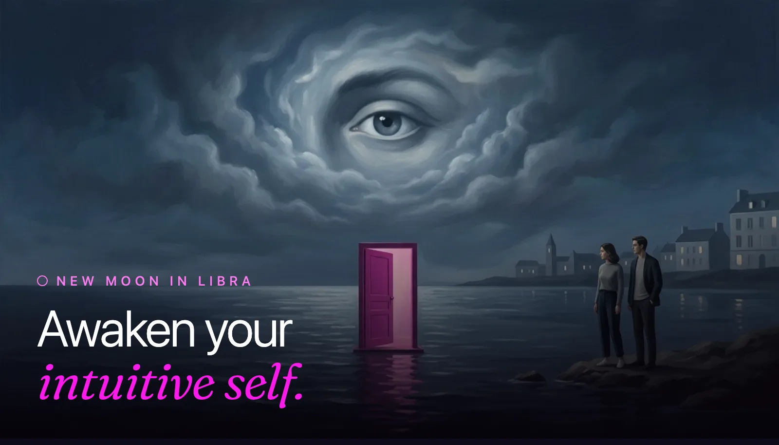 Surrealist painting: an eye opens in the night clouds above a still sea, a magenta door standing open on the water below