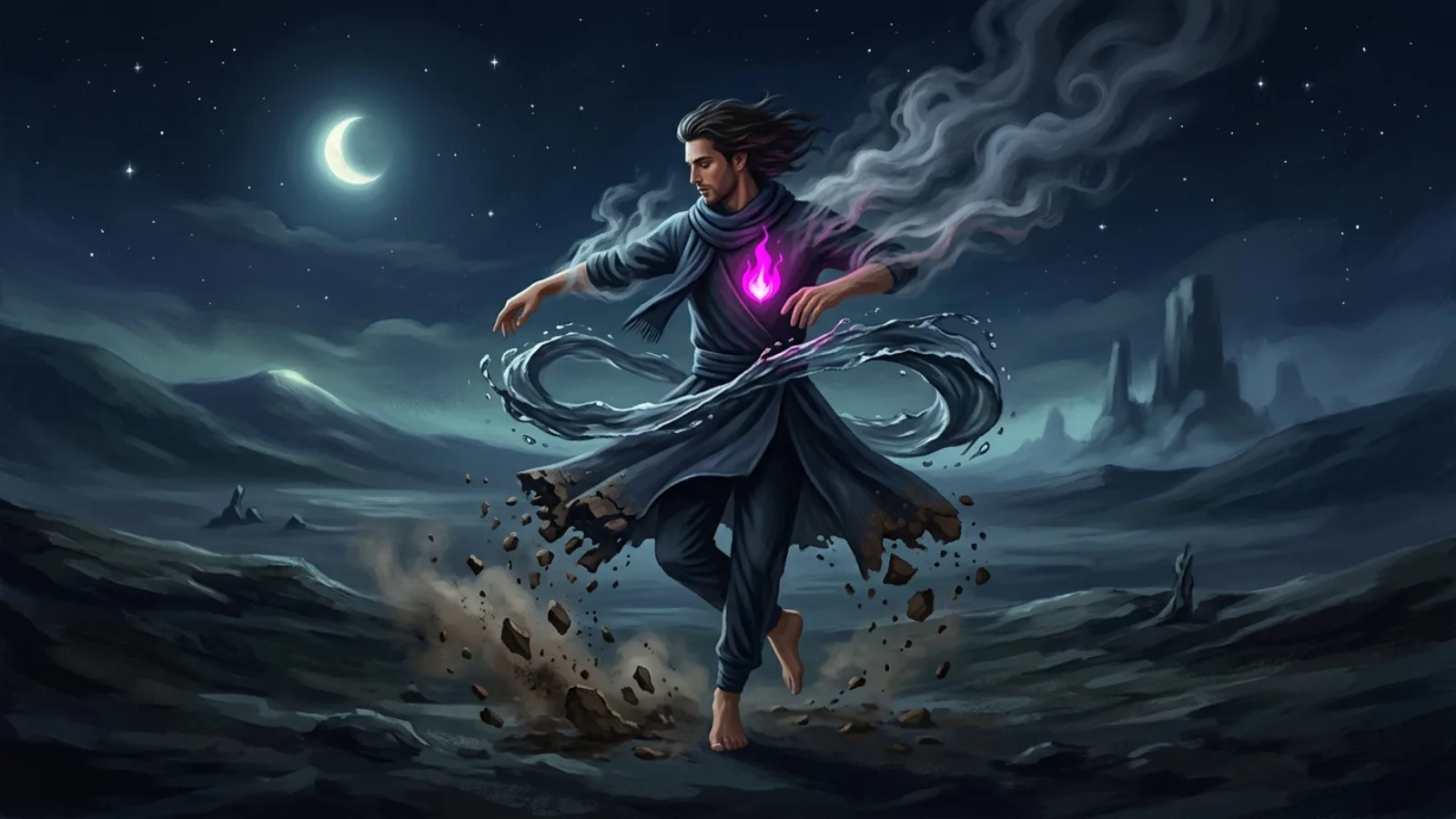 Surrealist painting: a man dances on a moonlit plain, his clothes dissolving into earth, water and air, a magenta flame at his heart