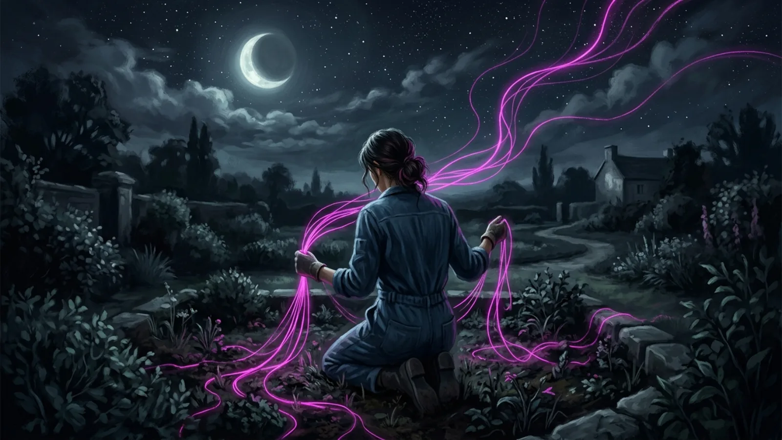 Surrealist painting: a woman kneels at a moonlit garden bed, pulling weeds that are glowing magenta threads trailing into the night sky