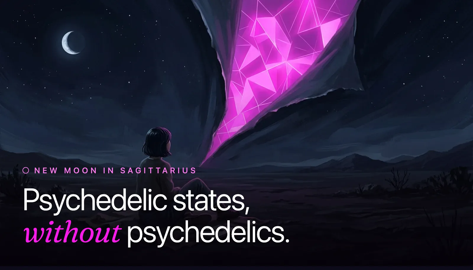 Surrealist painting: a woman sits cross-legged on a moonlit plain as the night sky peels open like a curtain, revealing glowing magenta geometry
