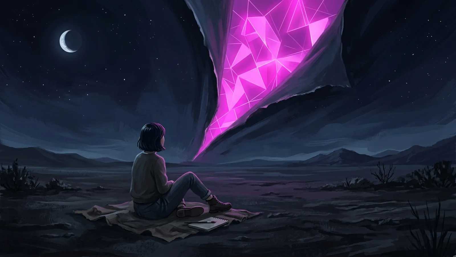 Surrealist painting: a woman sits cross-legged on a moonlit plain as the night sky peels open like a curtain, revealing glowing magenta geometry