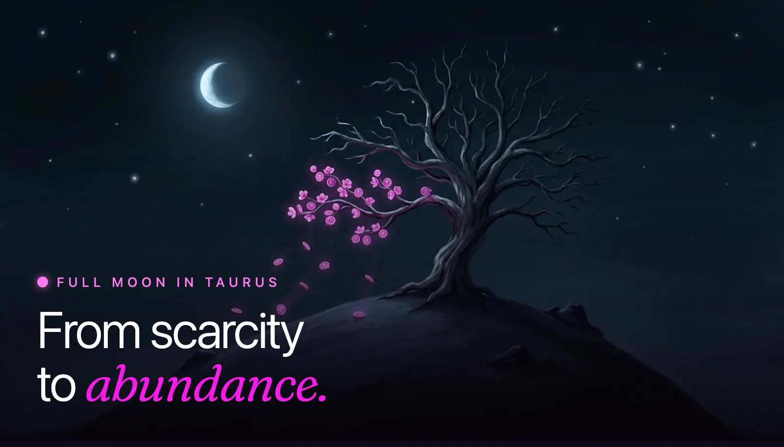 Surrealist painting: a bare winter tree on a moonlit hill with one branch in blossom, its flowers glowing magenta coins drifting down like petals