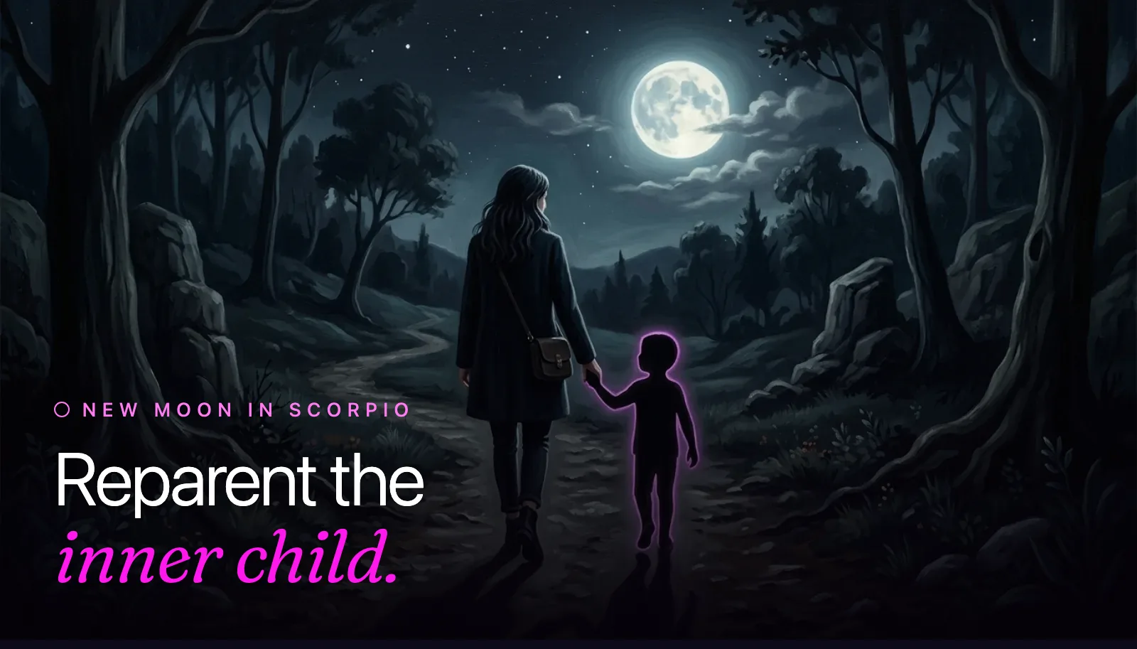 Surrealist painting: a woman walks a moonlit forest path holding hands with her own child-sized shadow, edged in magenta