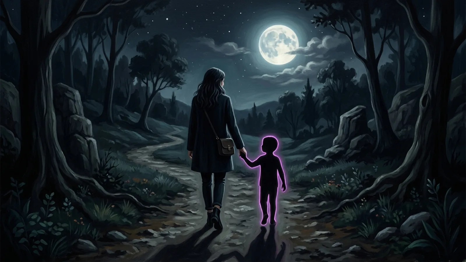 Surrealist painting: a woman walks a moonlit forest path holding hands with her own child-sized shadow, edged in magenta