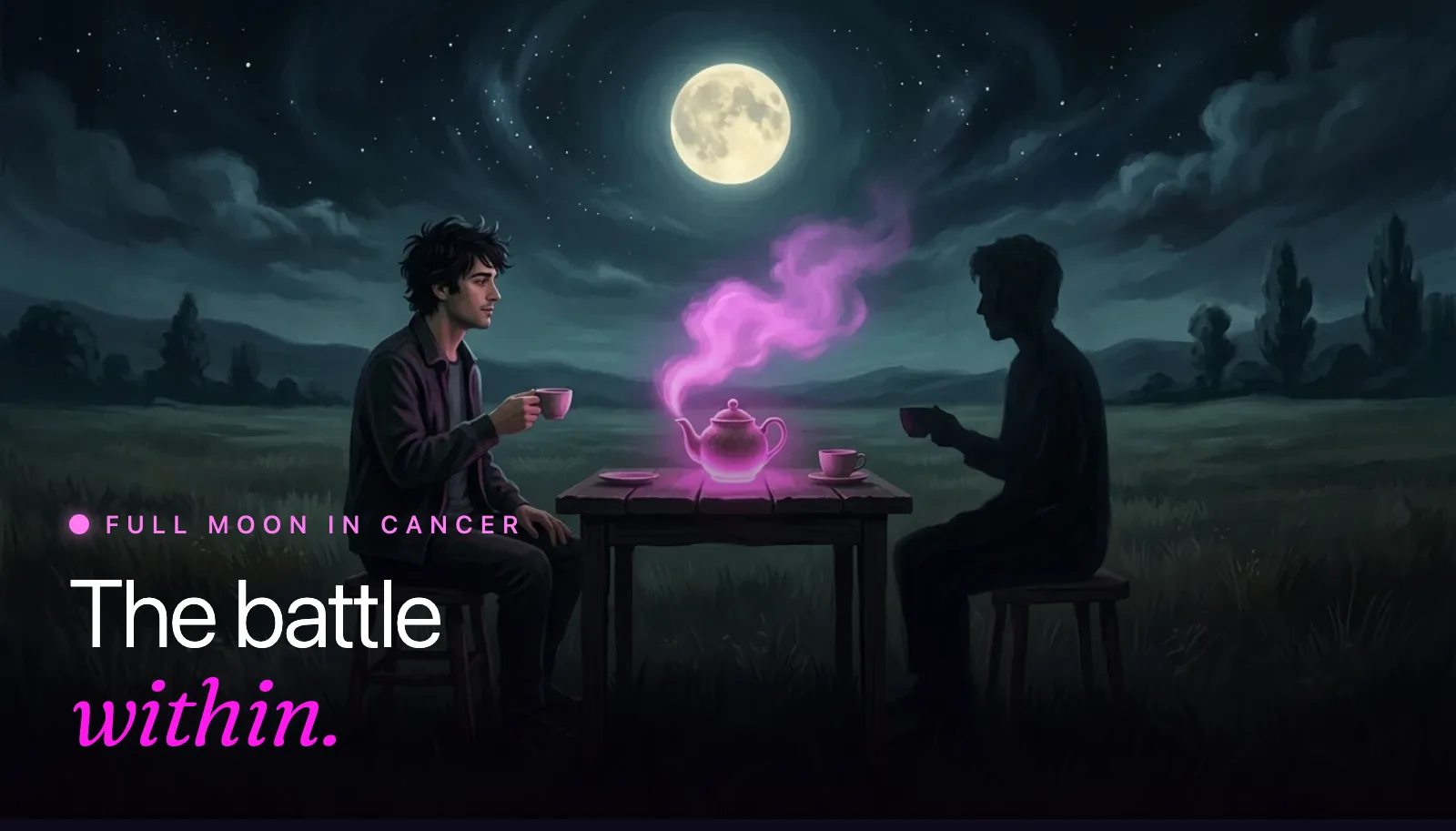 Surrealist painting: a man shares tea at a small moonlit table with his own shadow, a soft magenta glow rising from the teapot between them